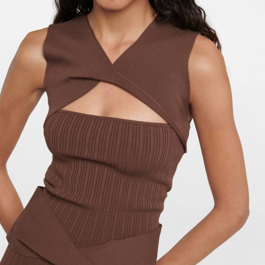 SIR. Brown Ribbed Cut Out Top