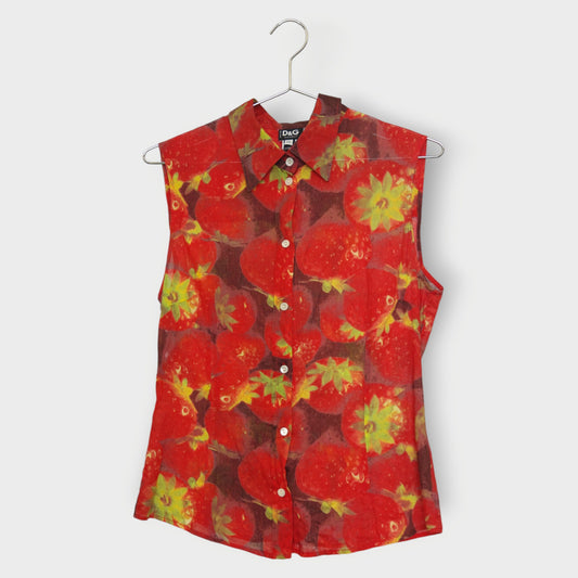 Strawberry Print Button Up Top