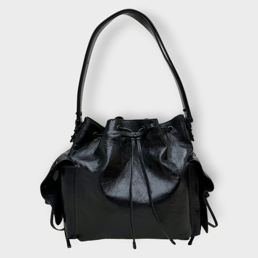 Leather Ruffle Multipocket Bucket Bag