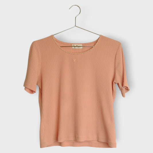 Pink Ribbed Beaded Trim Top