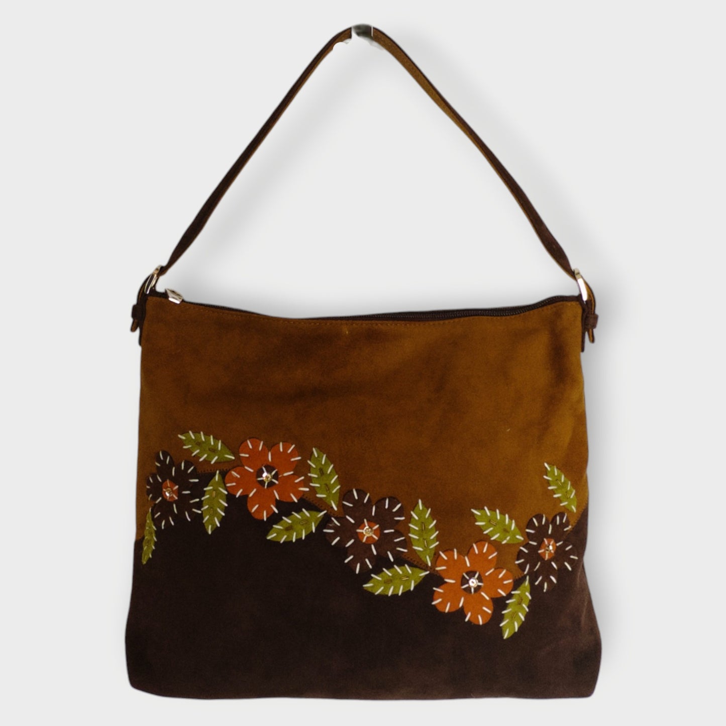 Suede Floral Embroidered Shoulder Bag