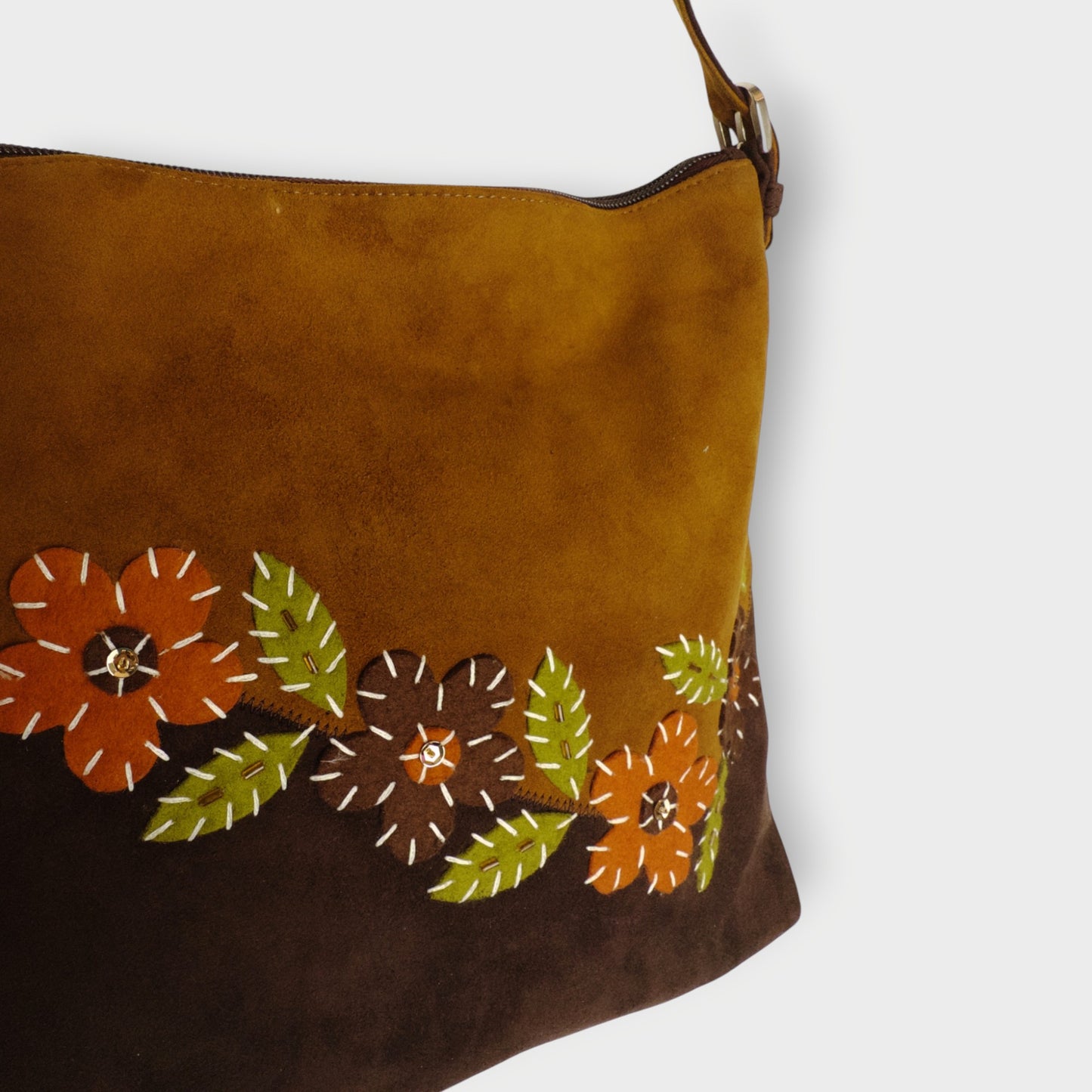 Suede Floral Embroidered Shoulder Bag