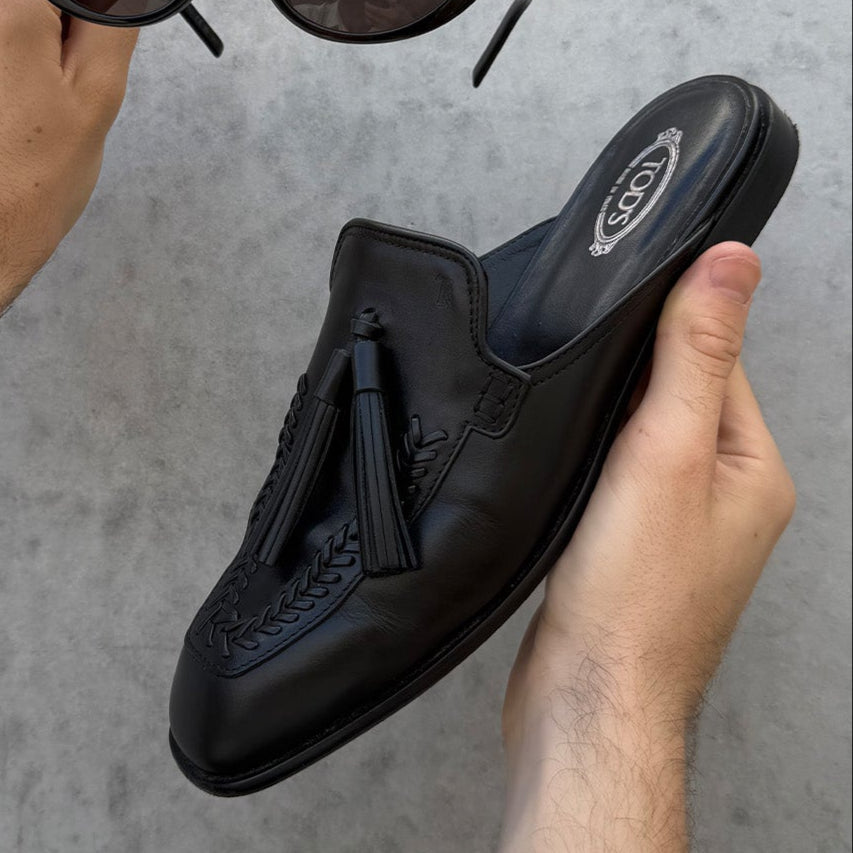 Black Leather Tassel Slide Loafers