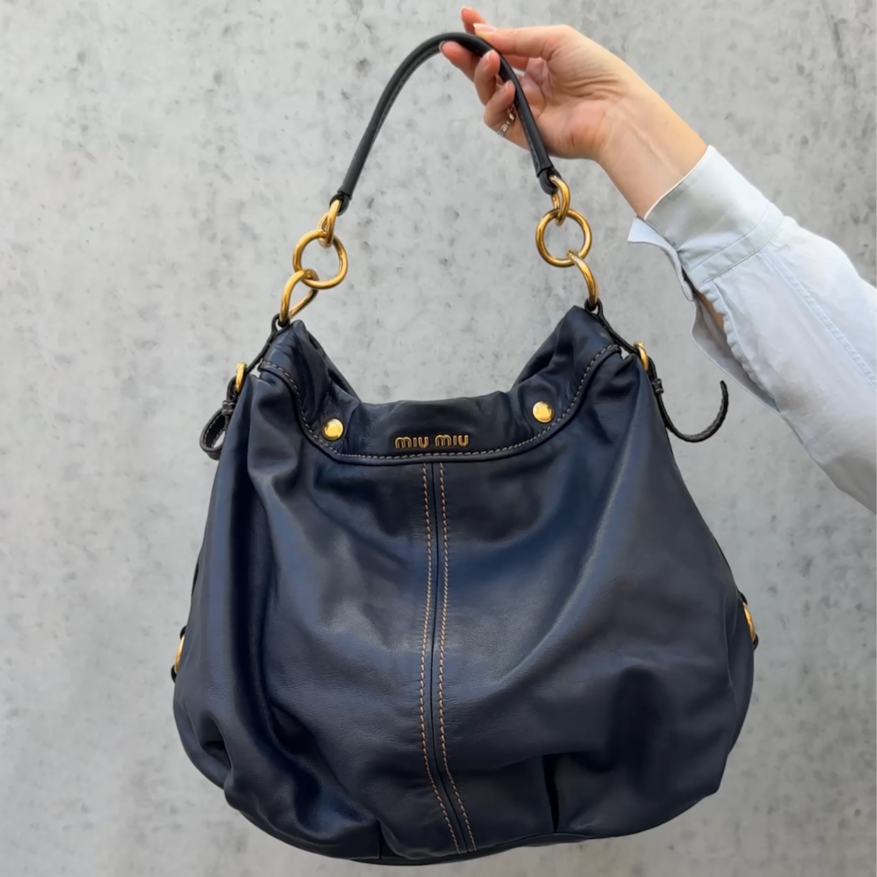 Navy Leather & Gold Hardware Coffer Slouch Bag