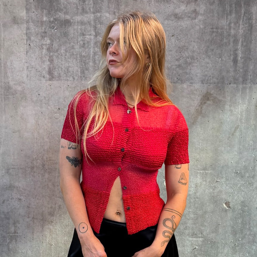 Crinkle Sheer Panel Button Up Top