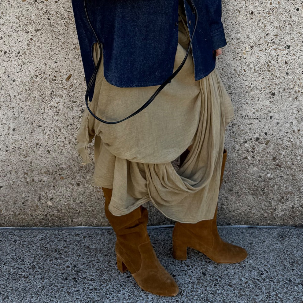 Brown Draped Embellished Midi Skirt