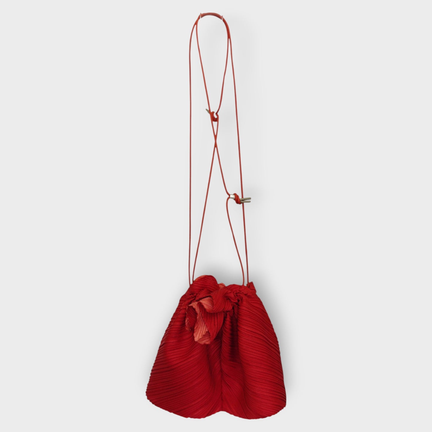Red Plisse Drawstring Pouch Bag