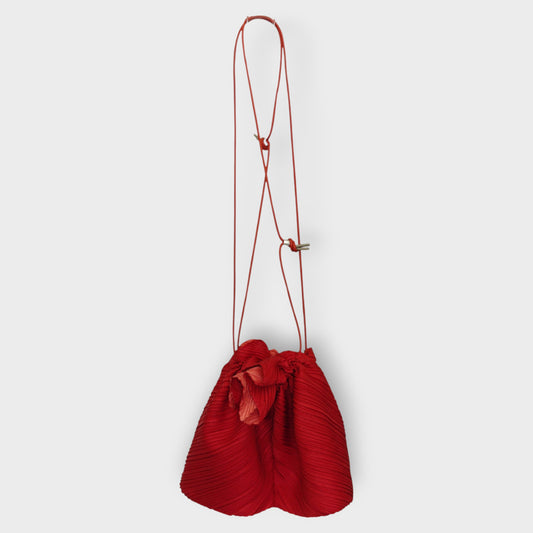 Red Plisse Drawstring Pouch Bag