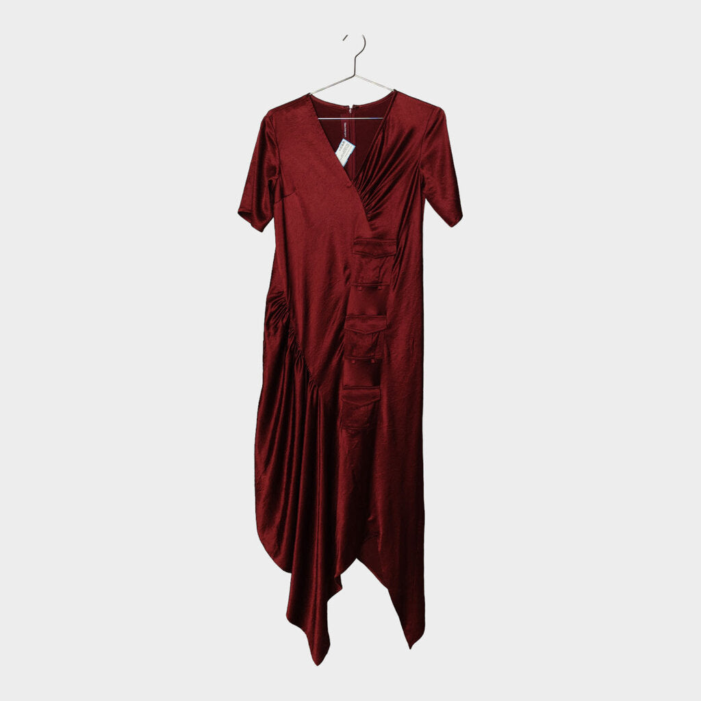 Sies Marjan Burgundy Satin Asymmetric Multi Pocket Dress