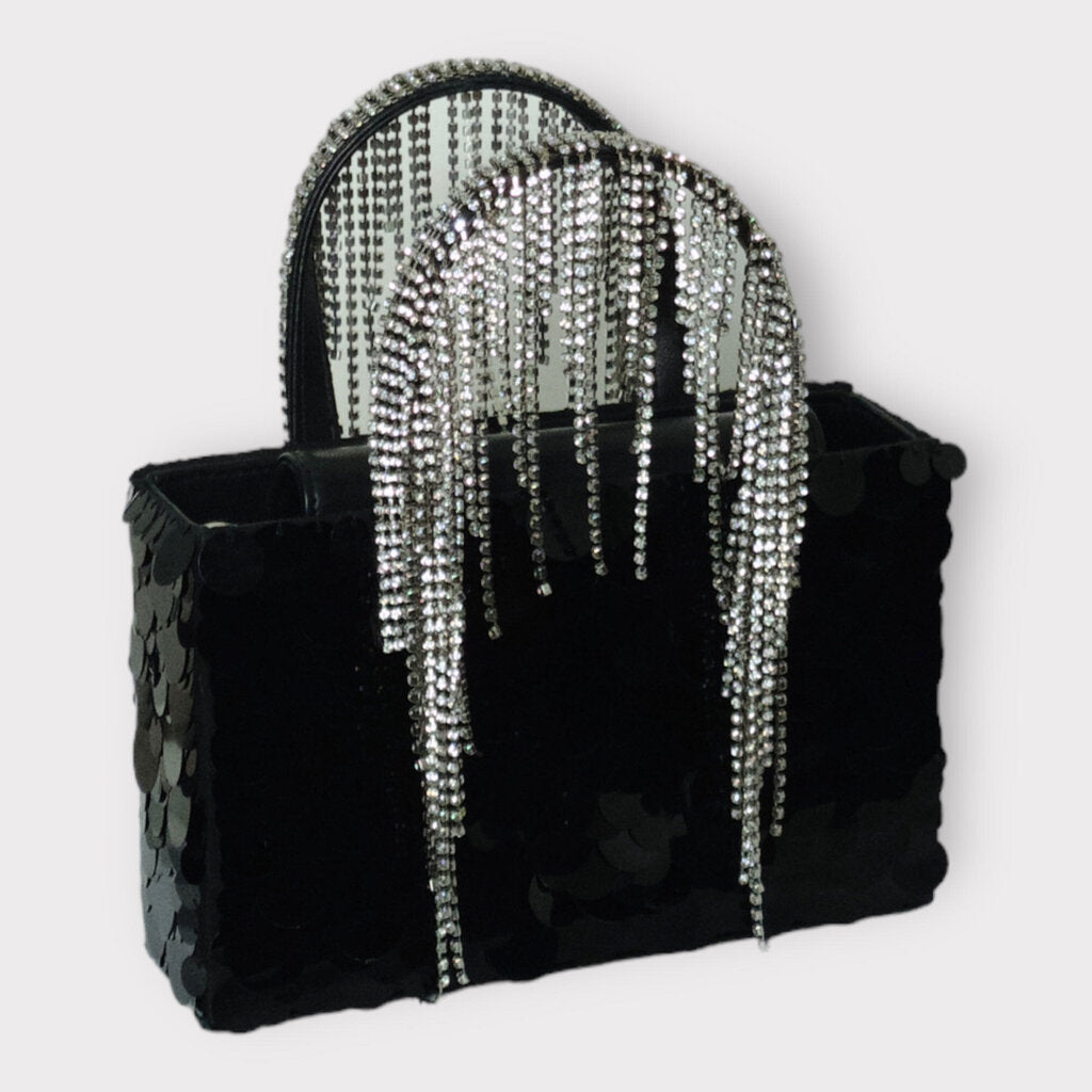 Kara Black Sequin Crystal Fringe Mini Tote