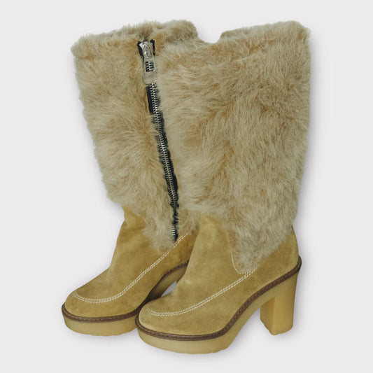 Sonia Rykiel Cream Suede + Faux Fur Boot Heels