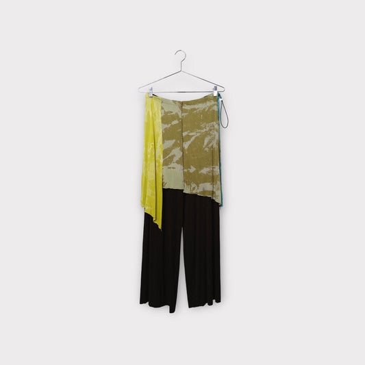 Blue, Yellow + Brown Panelled Jersey Pants w Skirt Overlay