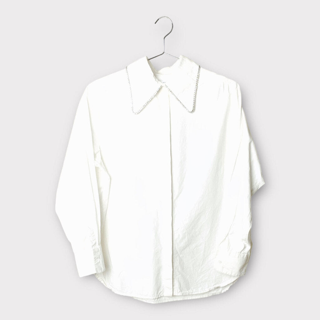 Area White CrystaL Cotton Blend Button Up Long Sleeve Shirt
