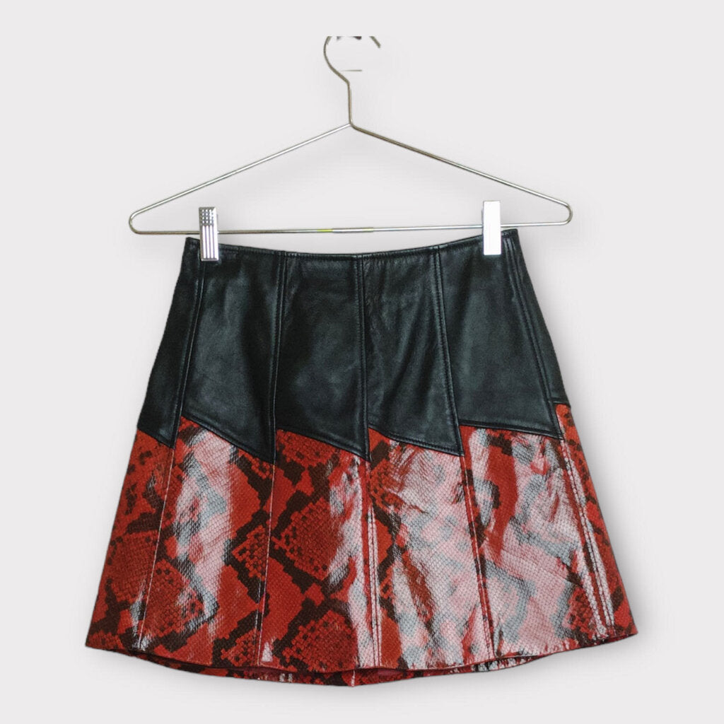 Alessandra RichBlack Leather + Red Faux Snake Skin Button Down Mini Skirt