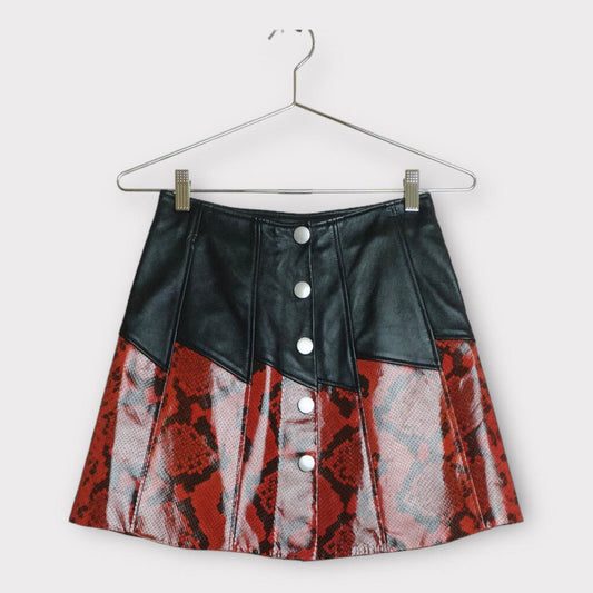 Alessandra RichBlack Leather + Red Faux Snake Skin Button Down Mini Skirt
