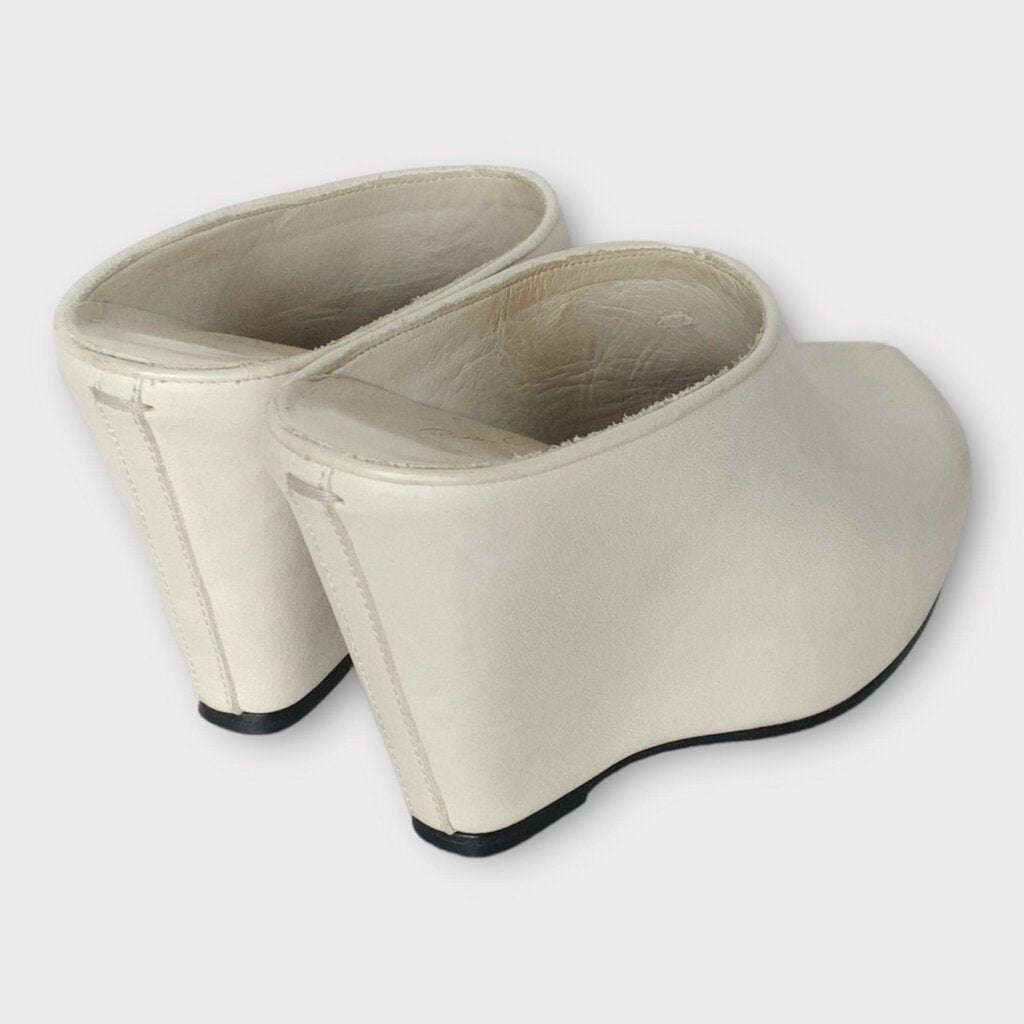 White Leather Platform Wedge Mules Clogs (Italy)