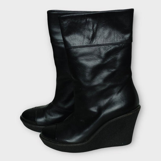Sonia Rykiel Black Leather Mid Calf Wedge Heel Boots