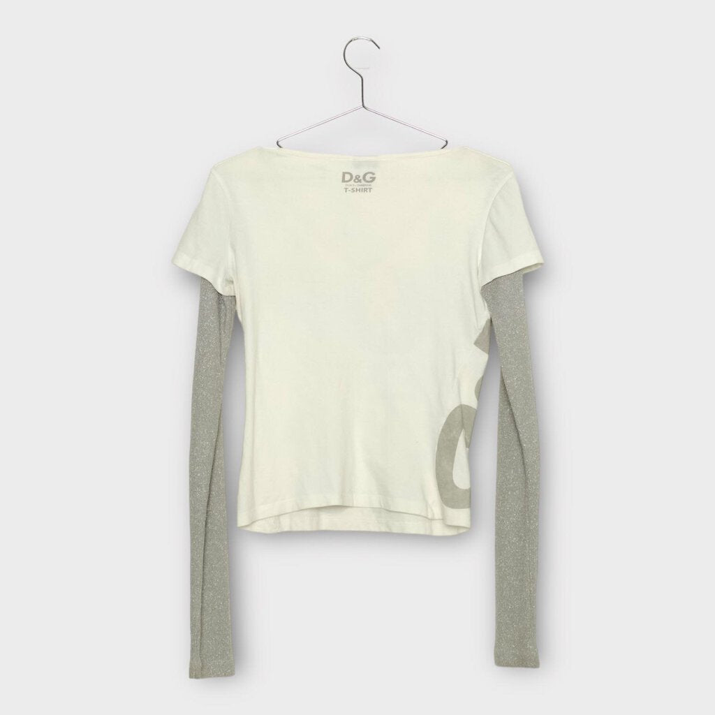 Dolce & Gabbana White V-Neck Tee with Silver Lurex Sleeves