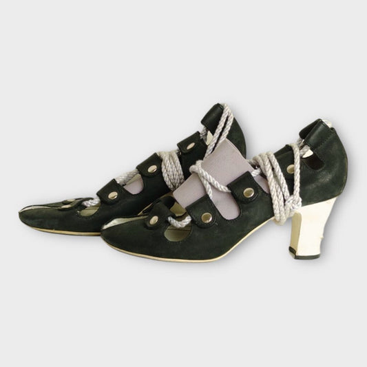 Vivienne Westwood Black Leather Peep Toe Heels w Lilac Rope Detail