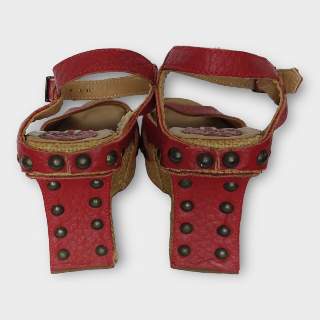 Marni Red Leather & Burlap Studded Heels
