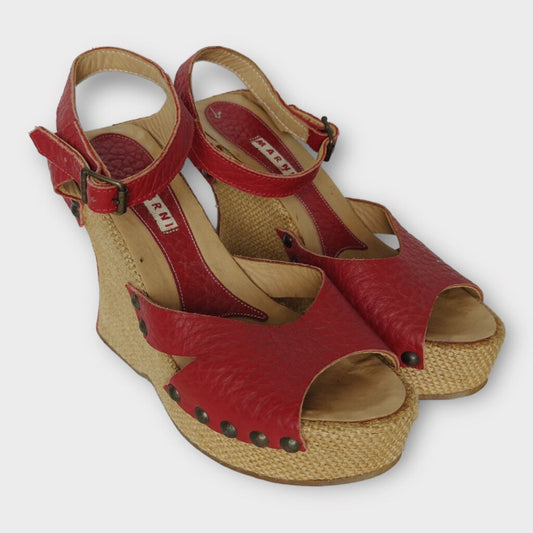 Marni Red Leather & Burlap Studded Heels
