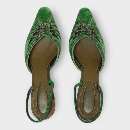 Bottega Veneta 绿色天鹅绒编织露跟小猫跟鞋