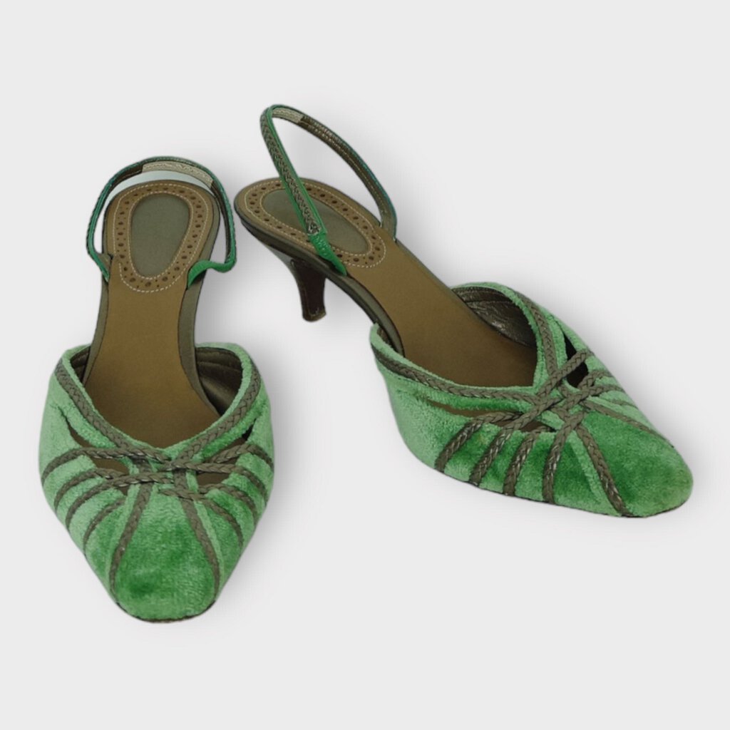 Bottega Veneta 绿色天鹅绒编织露跟小猫跟鞋
