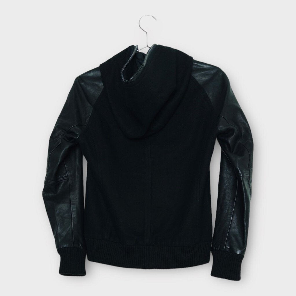 ATTACHMENT By Kazuyuki Kumaga Black Wool & Leather Hooded Zip Jacket